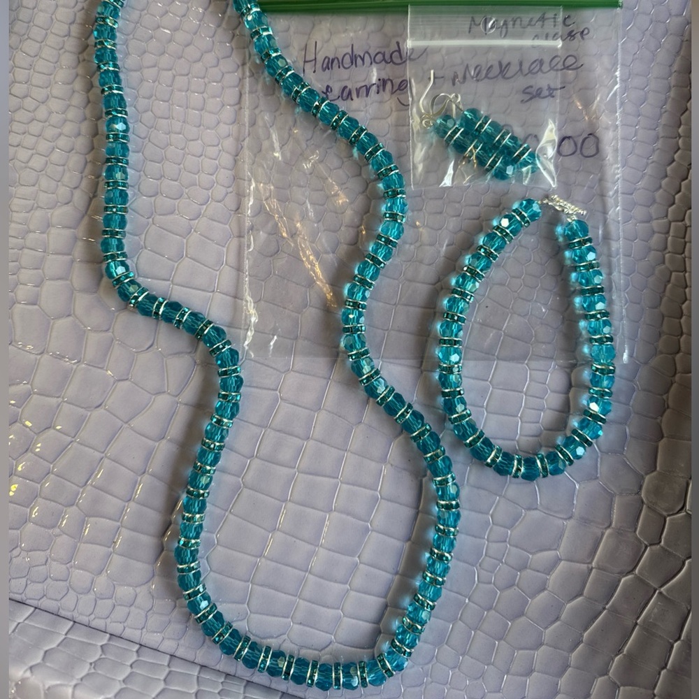 Handmade Blue Beaded Necklace Earrings and Bracelet Set - Picture 1 of 5